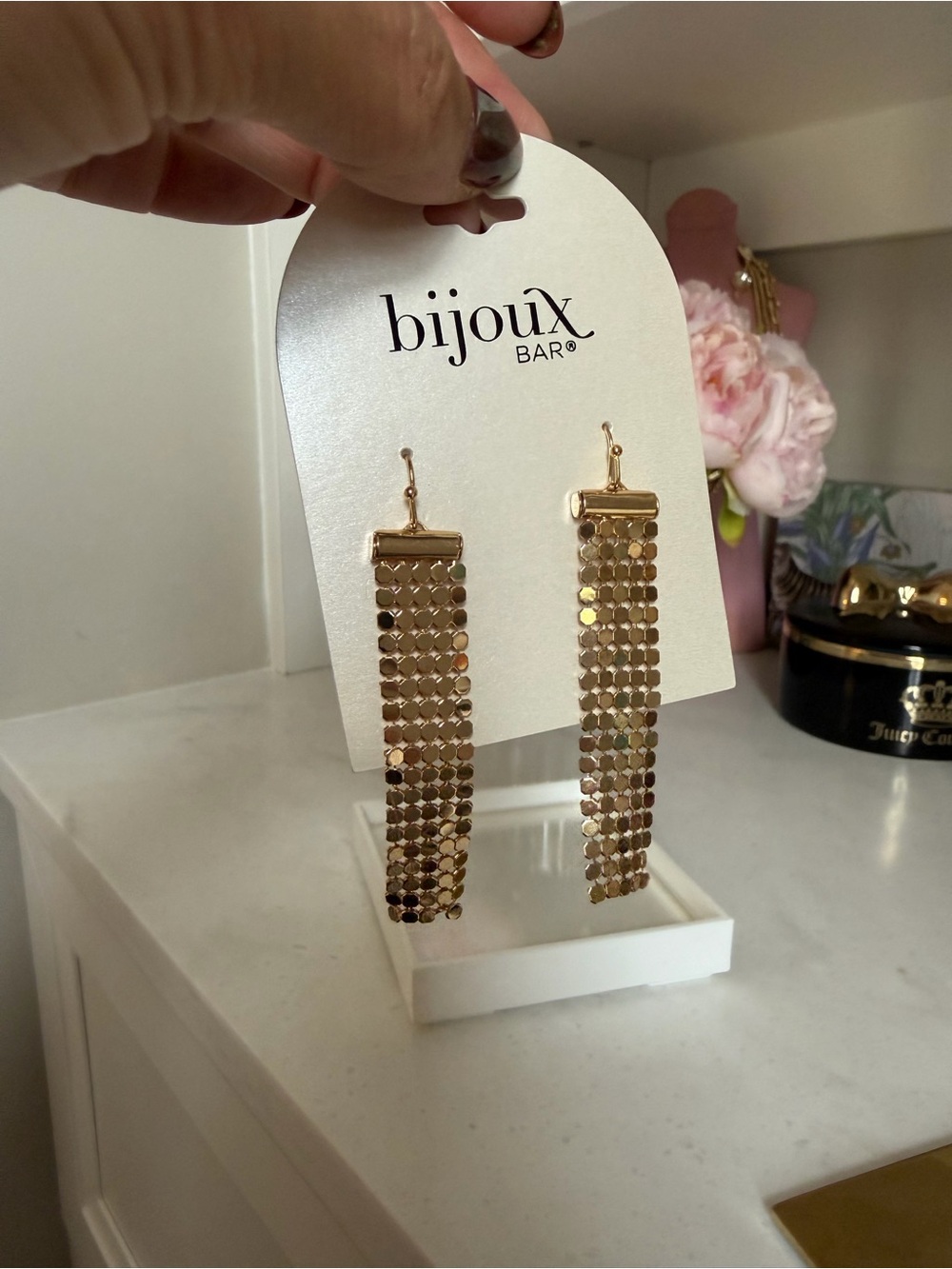 Bijou Bar NWT Gold Sequin Cascade long bar Dangle Earrings